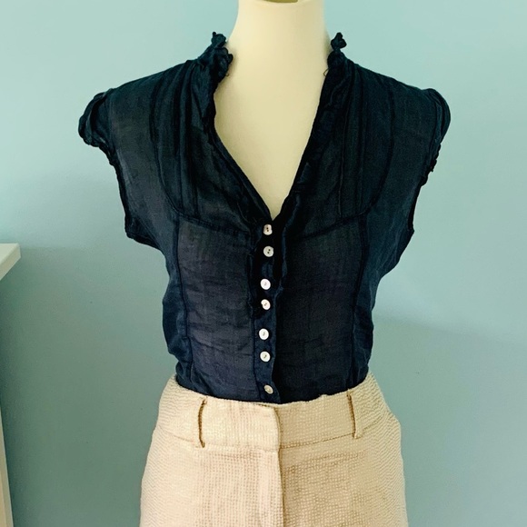 Floyd by Smith Navy Cap Sleeve Linen Blouse Size M - Picture 1 of 7